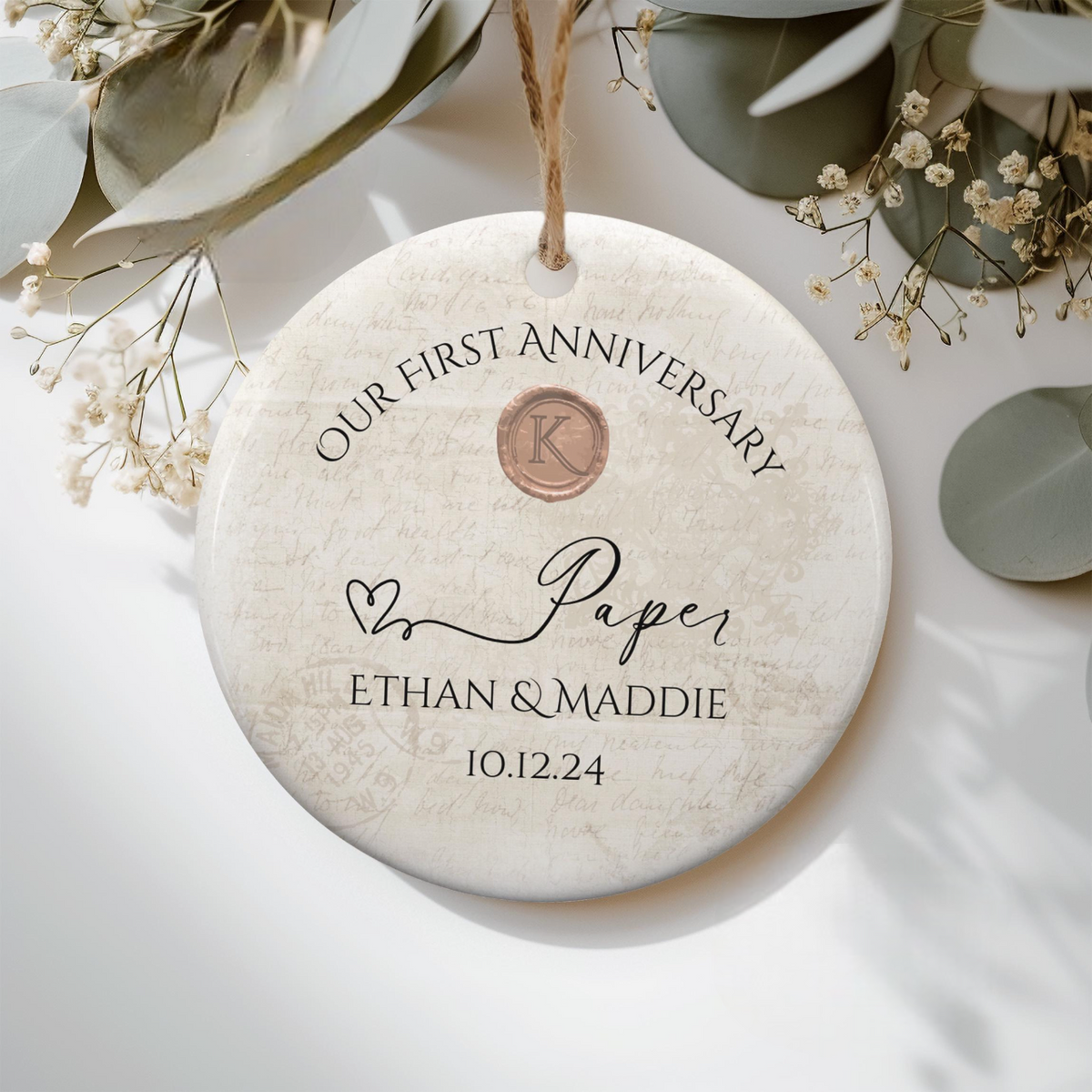 Personalized First Anniversary Ornament, Paper Wedding Anniversary Gift, One Year Anniversary Ceramic Ornament,1st Year Gift For Husband Wife