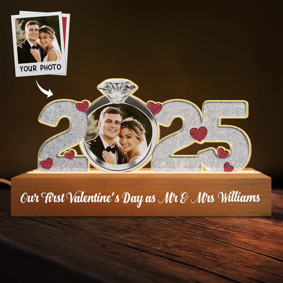 Our First Valentine's Day - Personalized 3D LED Night Wooden Base - Gift For Couple, Anniversary Gift