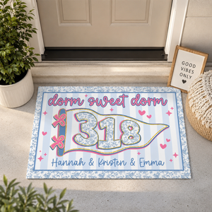 Personalized Blue Chinoiserie Dorm Doormat: Custom Stripe Roommate Names Welcome Mat, College Apartment Decor, Girls Dorm Decor
