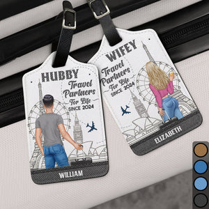 Hubby & Wifey Travel Partners For Life - Personalized Leather Luggage Tag - Gift For Couple, Travelling Lovers