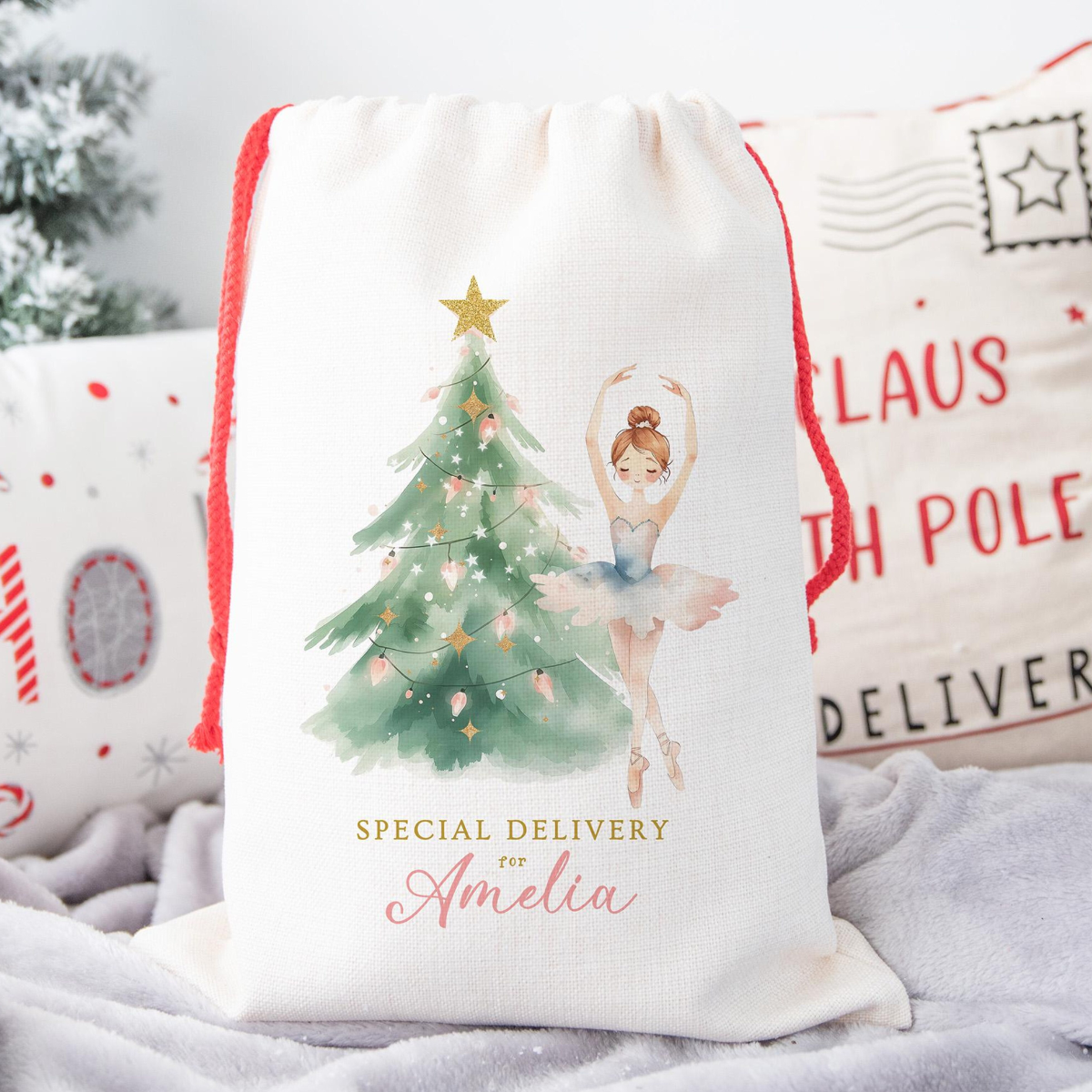 Personalized Ballerina Santa Sack, Dance Christmas Gift Bag with Name, Custom Special Delivery for Girls, Cute Watercolor Ballet Holiday