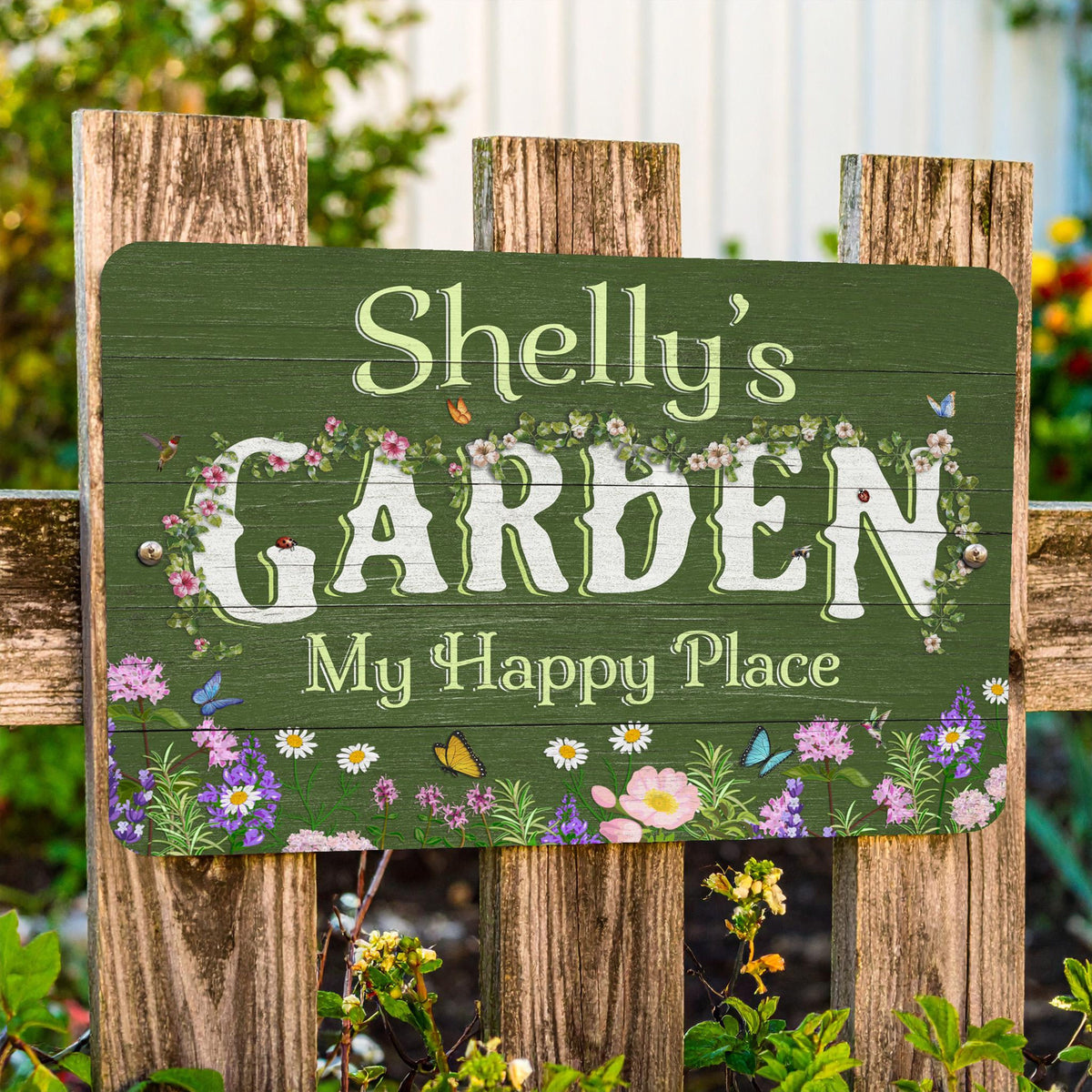 Personalized Flower Garden Sign, Weathered Wood Design, Metal Garden Decor
