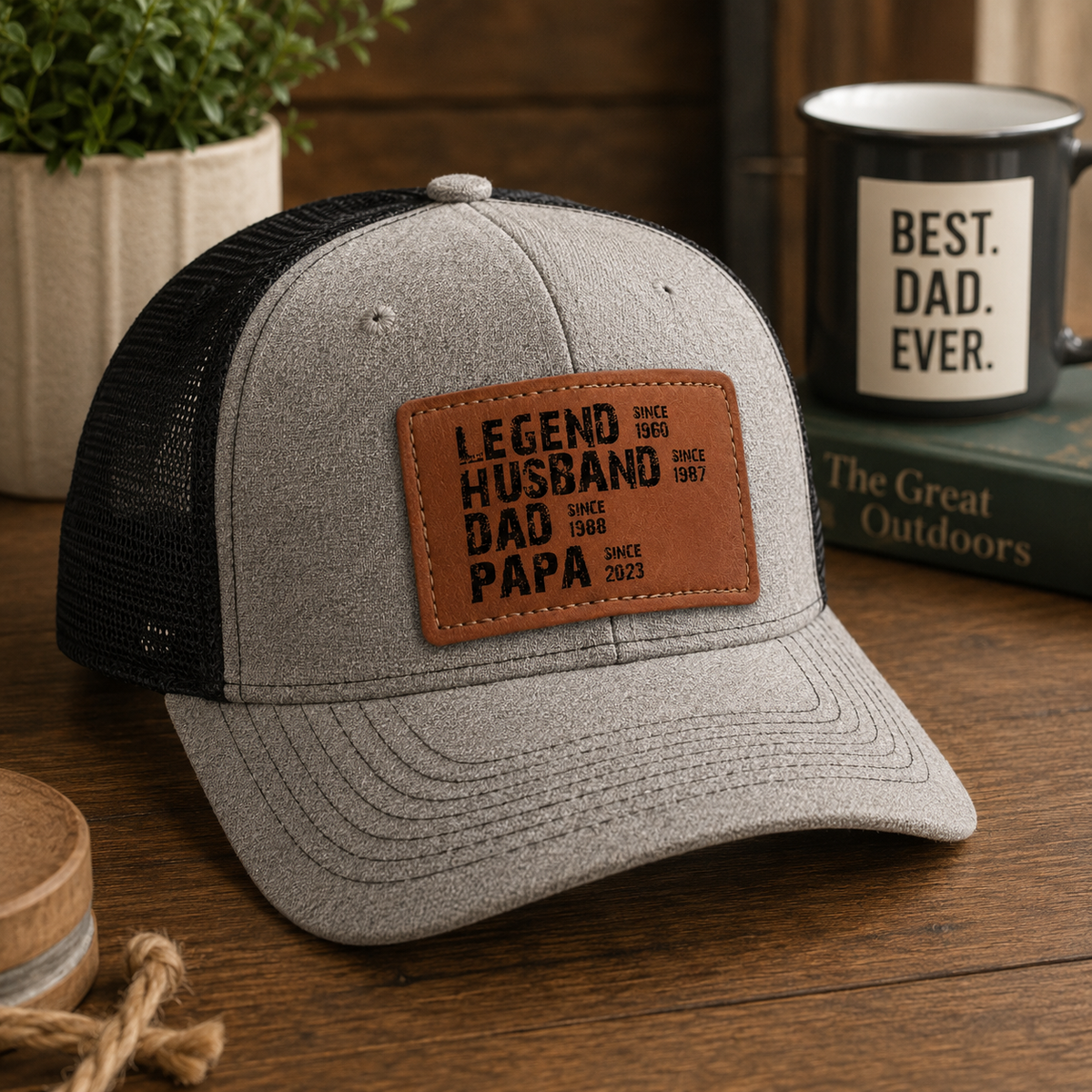 Legend Husband Daddy Papa - Personalized Leather Label Net Hat - Gift For Dad, Grandpa, Father's Day Gift
