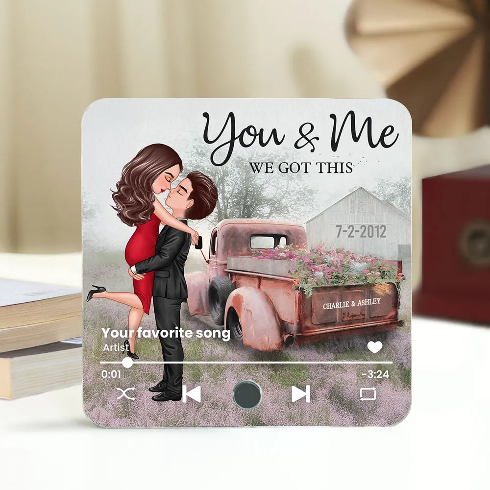 Vintage Truck Farmhouse Couple Hugging Kissing, Personalized Music Fridge Magnet, Anniversary Gift For Him, For Her