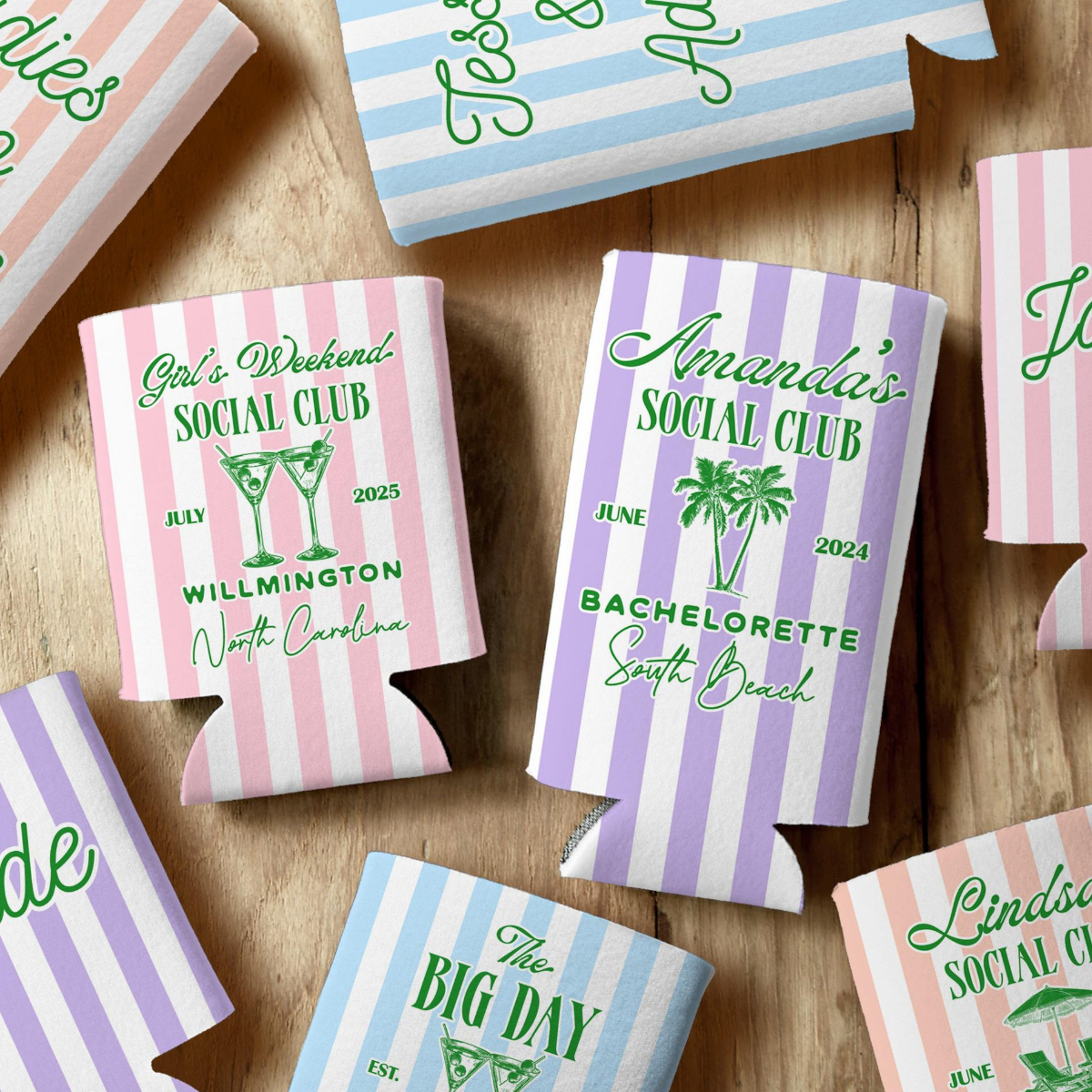 Social Club Party Favor Can Coolers Customizable with Striped Design, Event Icons, and Personal Details