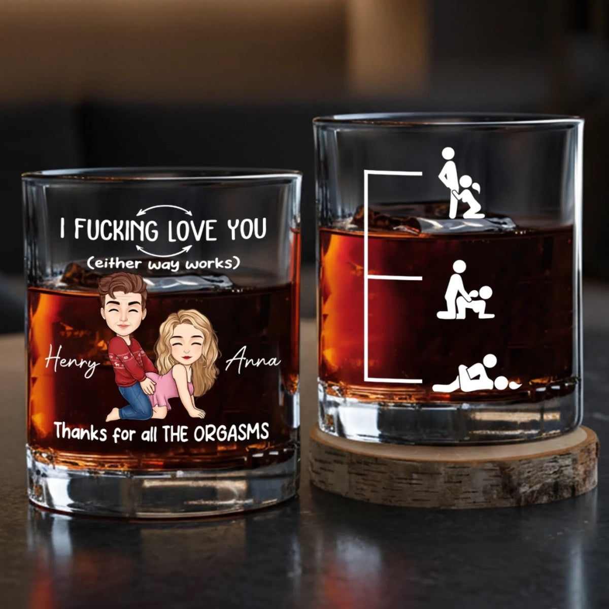I Love You For All The Times Naughty Stick Figures - Personalized Whiskey Glass - Gift For Couple