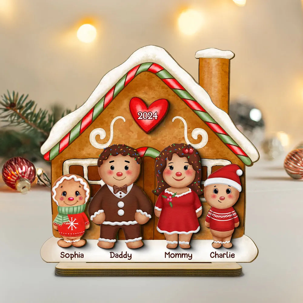 Gingerbread Family Standing House - Personalized Wooden Plaque - Christmas Gift For Family