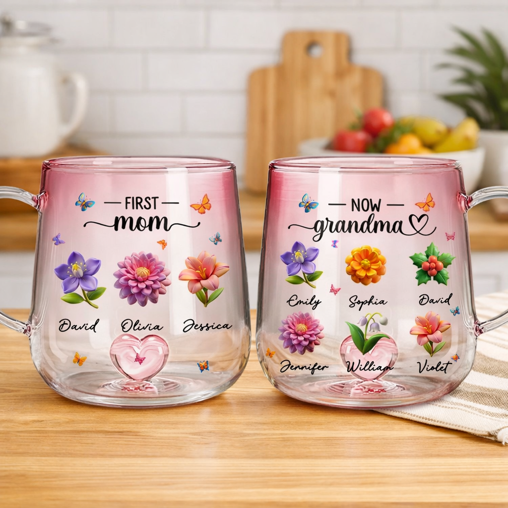 First Mom Now Grandma 3D Birth Month Flower - Personalized Gradient Glass Mug - Gift For Grandma, Mother's Day Gift