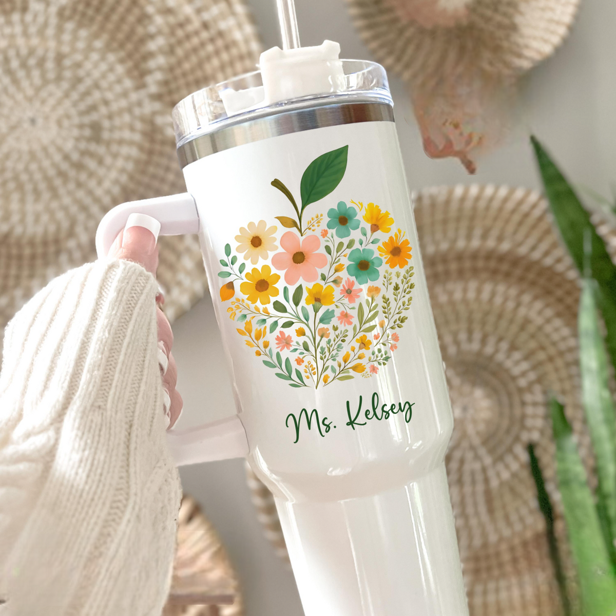 Apple Teacher Tumbler 40oz Personalized Floral Apple Tumbler, Teacher Appreciation Gift, Thank You Teacher Travel Tumbler