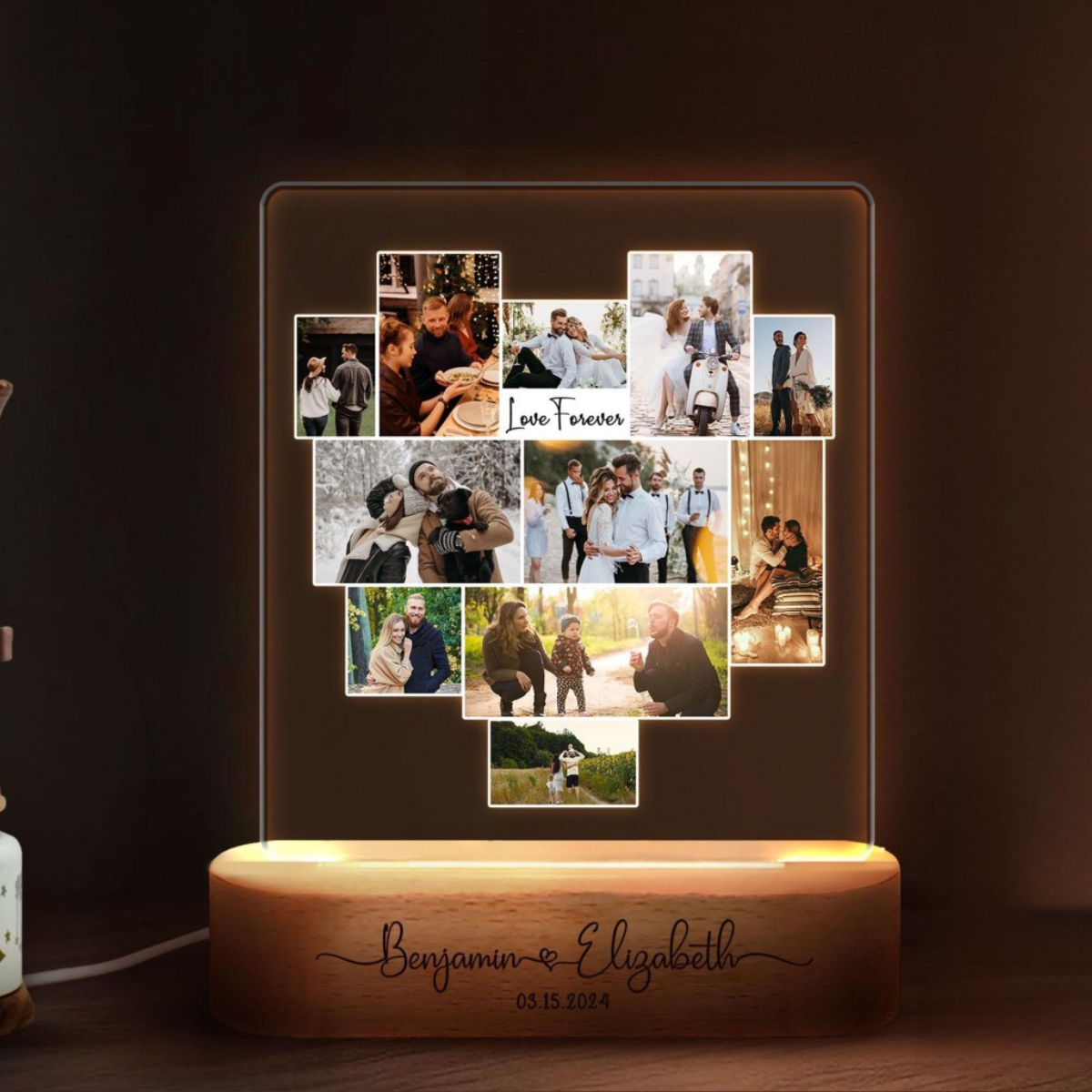 Couple Photo Collage, Personalized LED Light Wooden Base, Valentine Day Gifts For Him Her, Gift for Couples, Anniversary Gift
