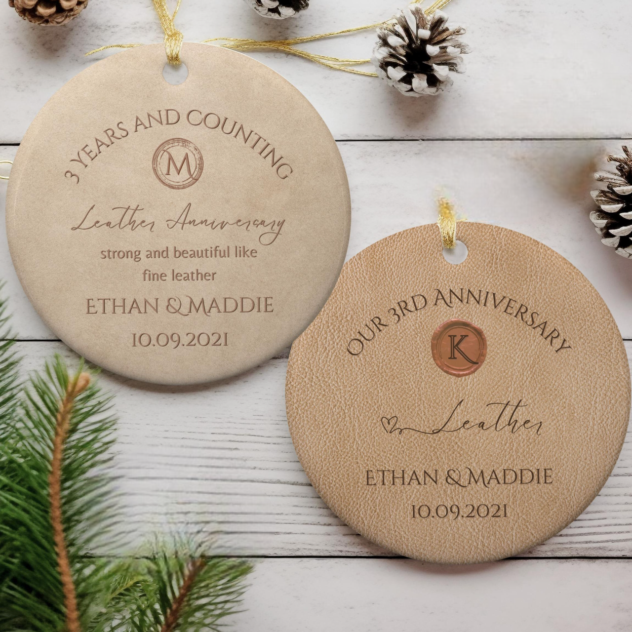 Personalized 3rd Anniversary Ornament, Leather Wedding Anniversary Gift, Three Year Anniversary Ceramic Ornament, 3rd Year Gift For Husband Wife