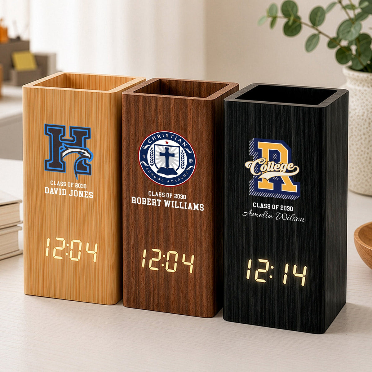 Custom School Logo - Personalized Pen Holder With Clock - Back To School Gift, Graduation Gift