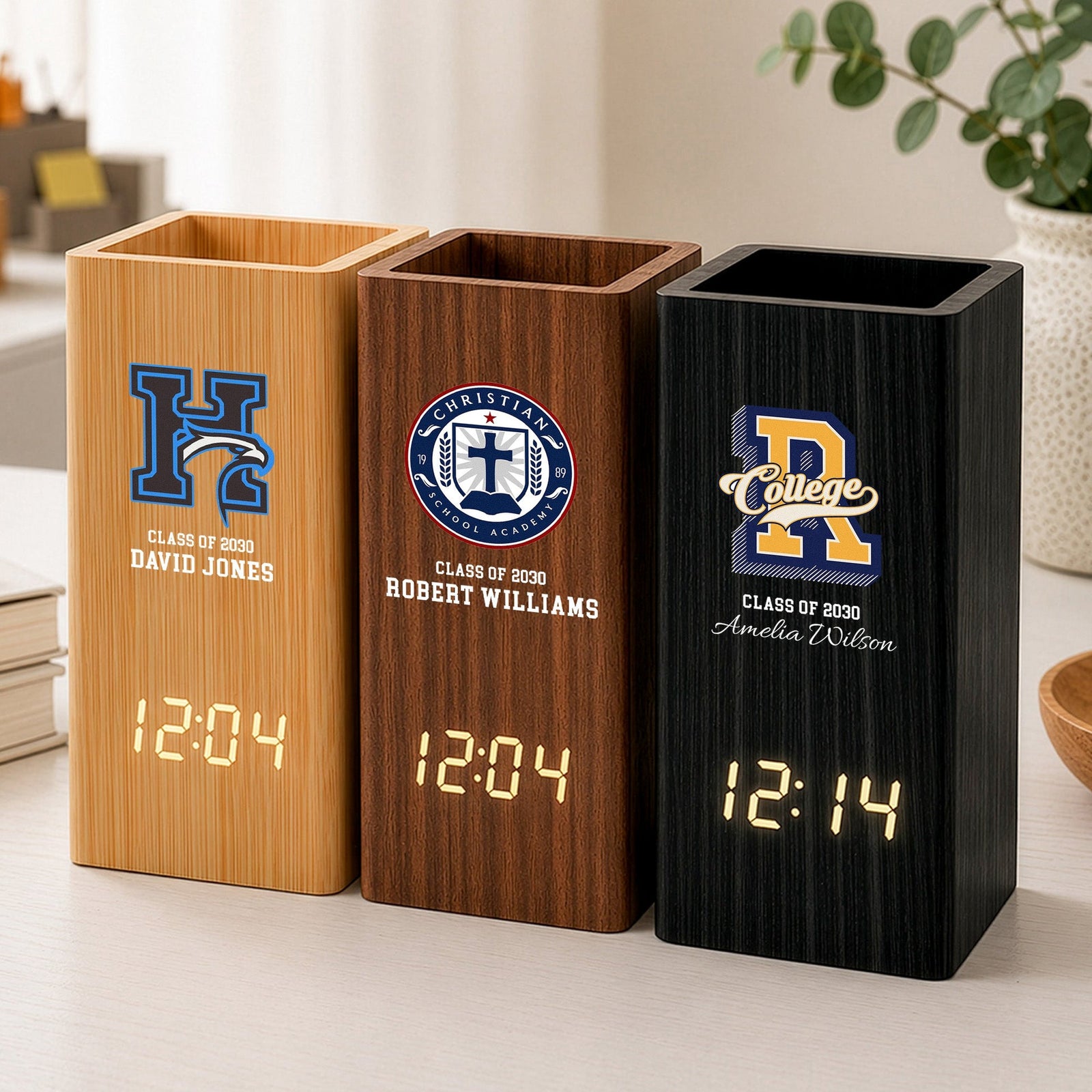 Custom School Logo - Personalized Pen Holder With Clock - Back To School Gift, Graduation Gift