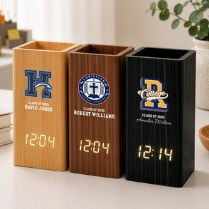 Custom School Logo - Personalized Pen Holder With Clock - Back To School Gift, Graduation Gift
