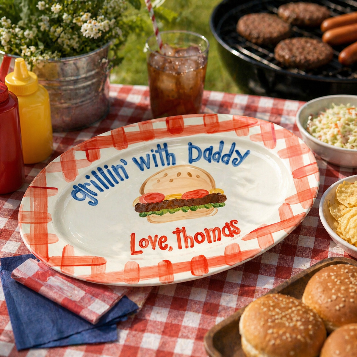 Grillin with Daddy Personalized Burger Platter, Custom Father s Day Serving Dish with Name
