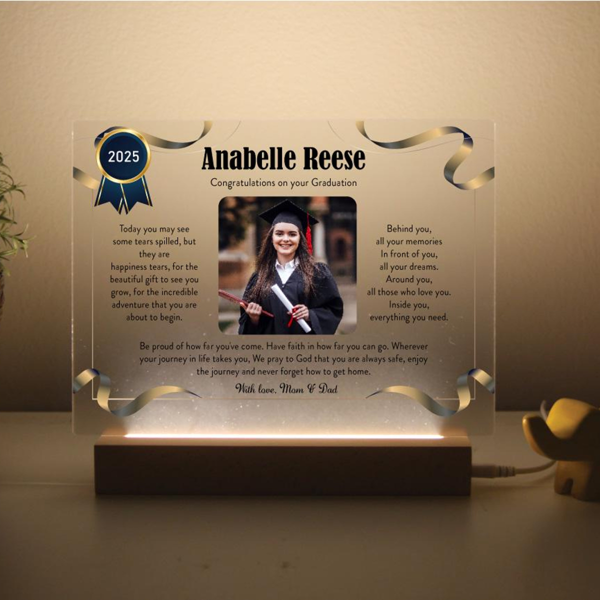 Custom Graduation Certificate, Personalized 3D LED Light Wooden Base, Graduation Certificate with a Custom Quote, Class Of 2025