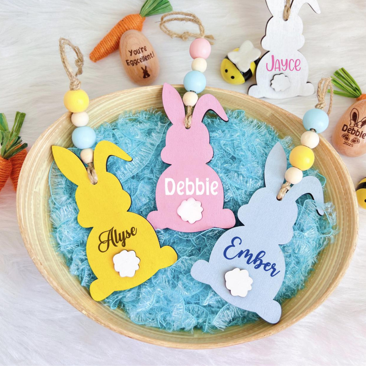 Easter Basket Bunny Wooden Name Tag Beaded, Laser Custom Easter Bunny gift tag, Personalized kid Easter Egghunt basket tag Peep Basket