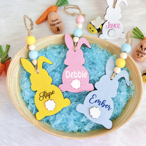 Easter Basket Bunny Wooden Name Tag Beaded, Laser Custom Easter Bunny gift tag, Personalized kid Easter Egghunt basket tag Peep Basket