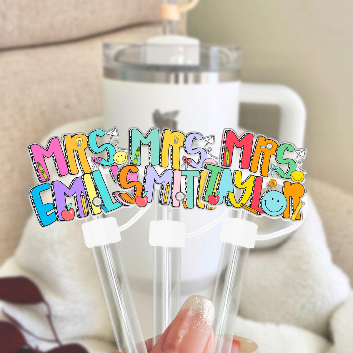 Teacher Gifts Personalized, Custom Topper Straw With Teacher Name, Teacher Appreciation, Tumbler Cup Straw Cover, Gift For Teacher