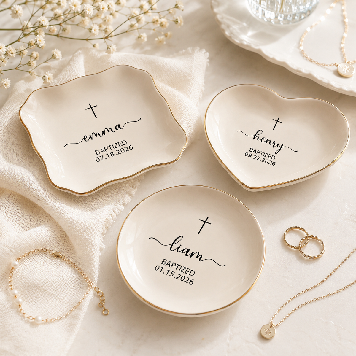Personalized Baptism Keepsake for Her | Custom Cross Jewelry Dish| Religious Baby Gift Christening Favor