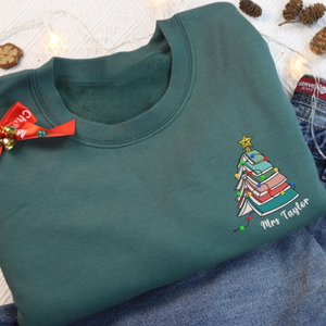 Personalized Teacher Name Christmas Book Tree Embroidered Sweatshirt, Merry Teacher Xmas Sweater, Woman Holiday Shirt for Librarian Gift