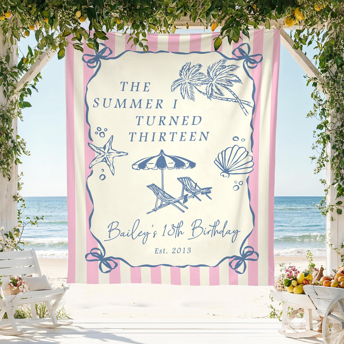 The Summer I Turned Birthday Banner, ANY AGE Custom Birthday Photo Backdrop, The Summer I Turned Party, Coastal Birthday Party Decorations