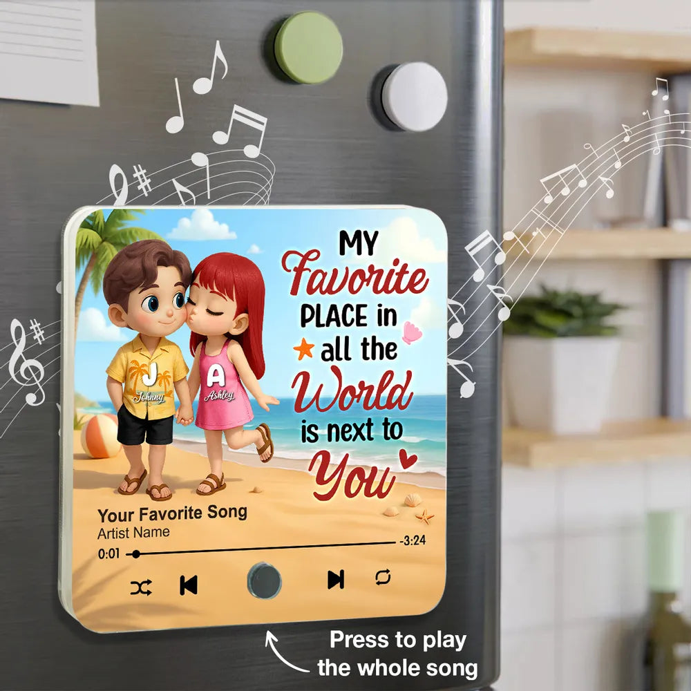 My Favorite Place in All the World is Next to You, Summer Cartoon Couple - Personalized Music Fridge Magnet - Gift For Couple