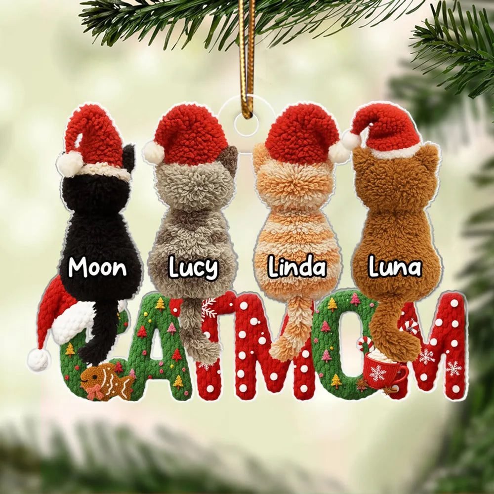 3D Effext Faux Crochet Cat Mom - Personalized Acrylic Ornament - Christmas Gift for Cat Lovers