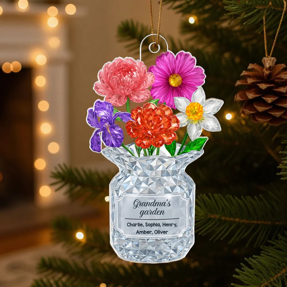 Grandma's Garden Birth Month Flower Vase 3D Crystal Effect, Personalized Acrylic Ornament, Christmas Gift Grandma