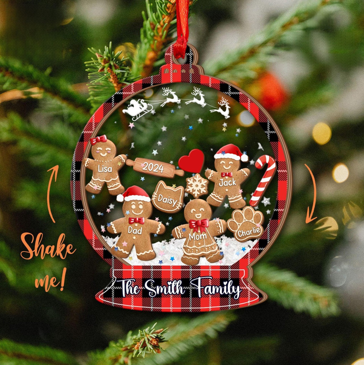 Gingerbread Family With Dog & Cat - Personalized 4D Shaker Ornament - Christmas Gift For Family
