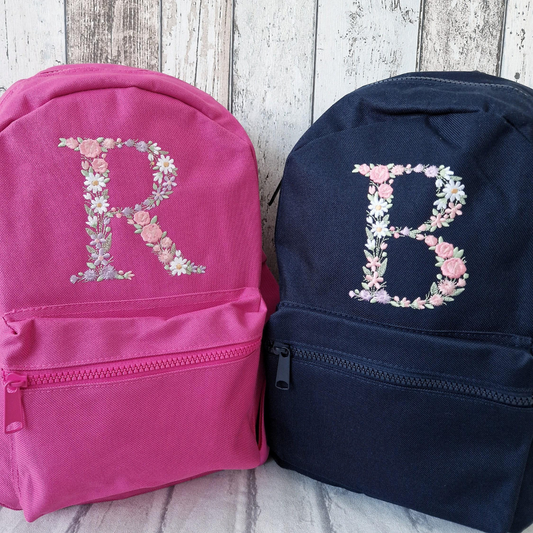 Flower Initial Girls Backpack, Personalised Embroidered Kids Bag, Back to School, Nursery Bag