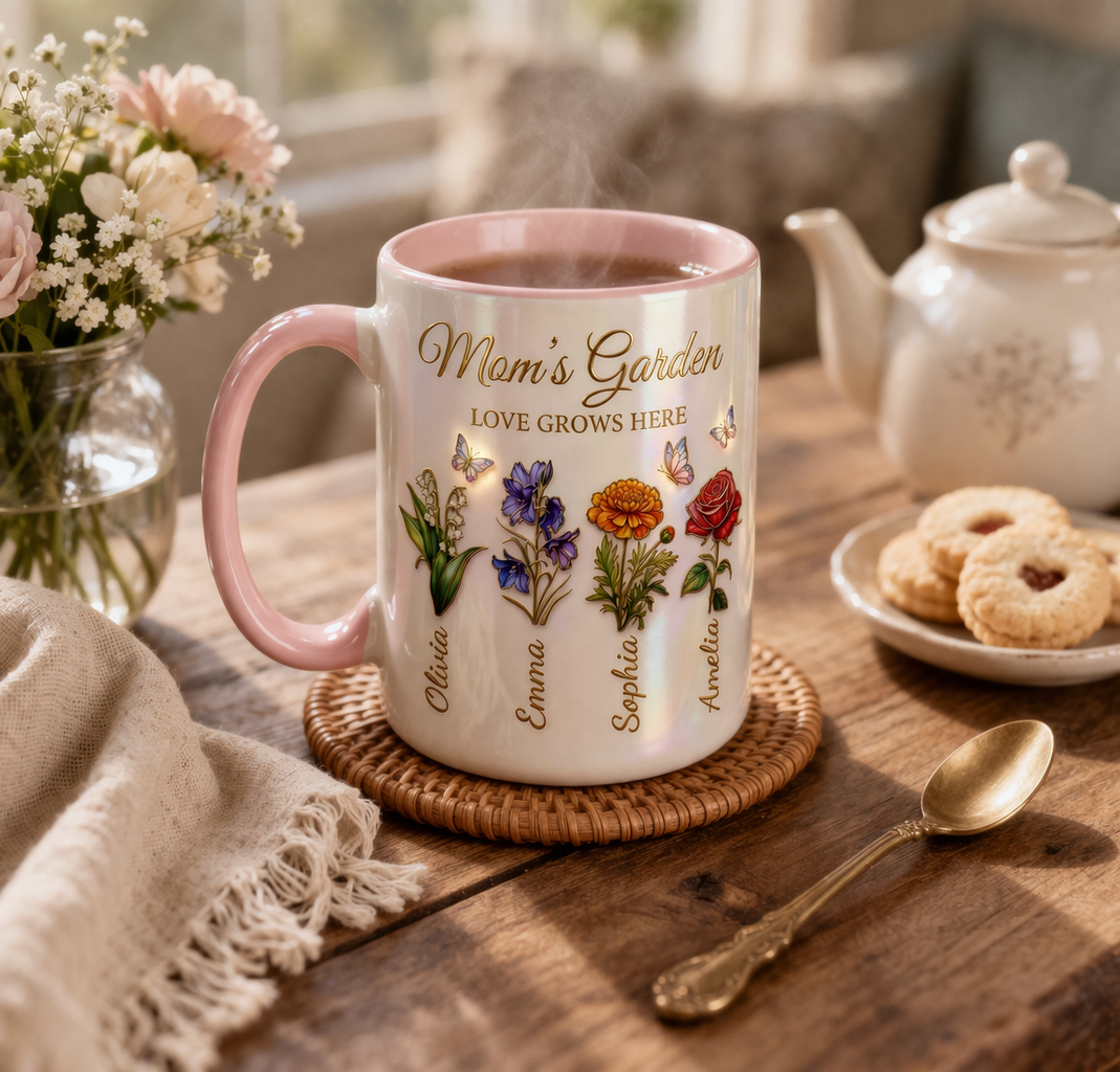 Personalized Mom Flowers Faux Stained Glass Mug, Birth Flower Mom Gifts from Daughter, Grandmas Garden, Faux 3D Effect