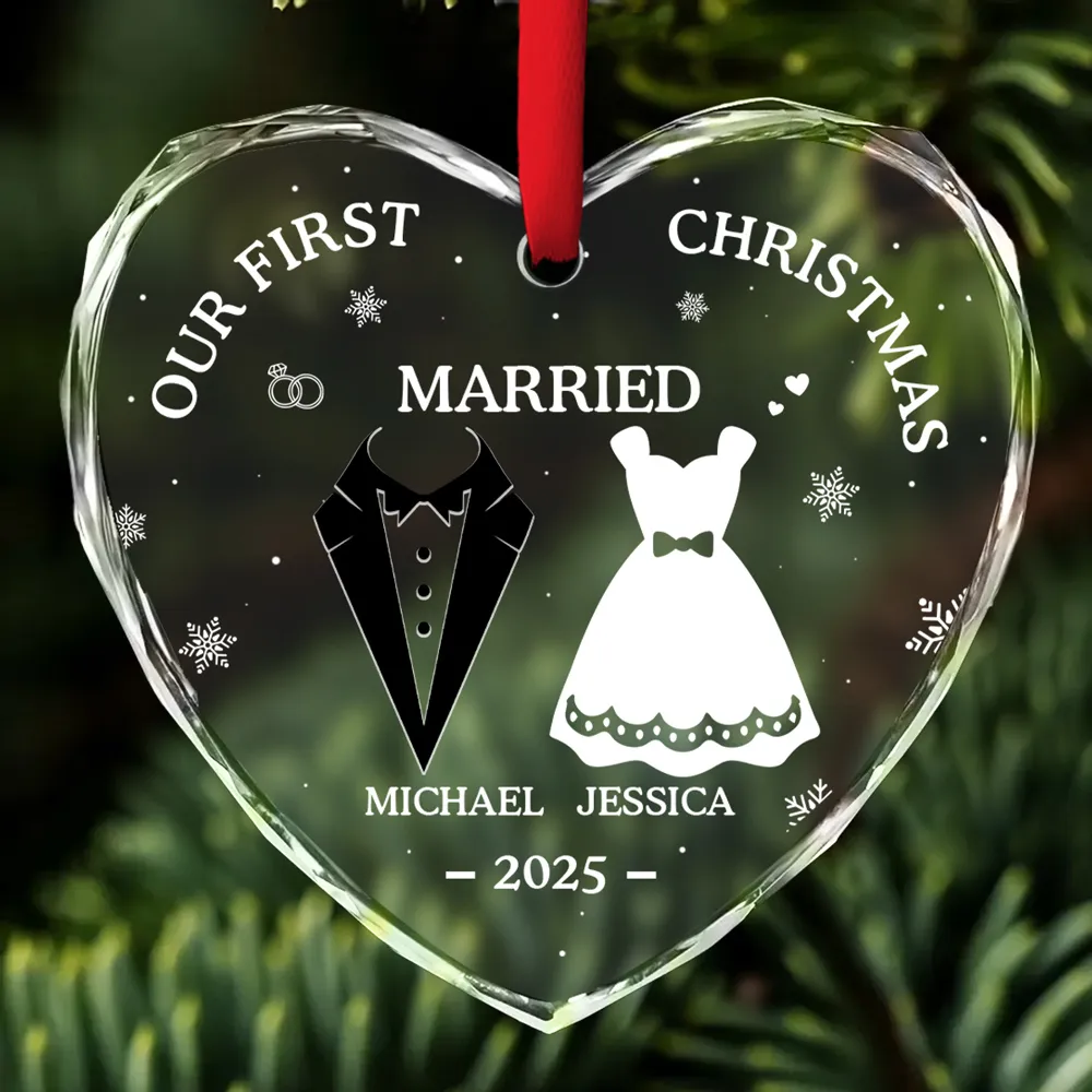 Our First Christmas Married - Personalized Crystal Ornament - Gift For Couple, Anniversary Gift, Christmas Gift