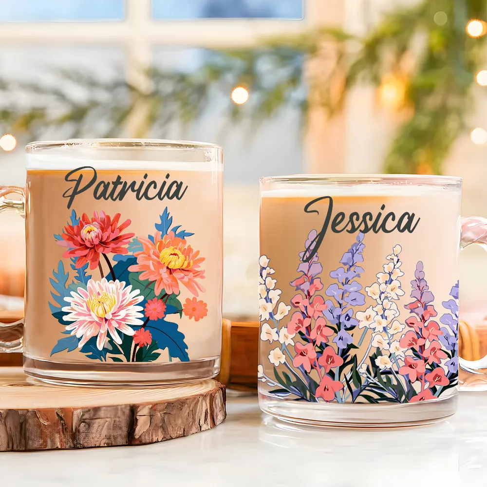 Custom Name Blooming Birth Month Flowers - Personalized Glass Mug - Gift For Sister, BFF, Friends