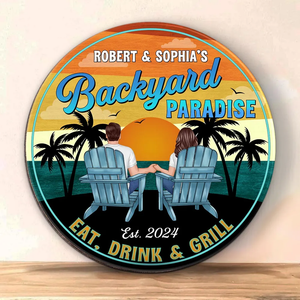 Vintage Backyard Paradise Couple Sitting - Personalized Wood Sign - Housewarming, Birthday, Anniversary Gift for Him, Her