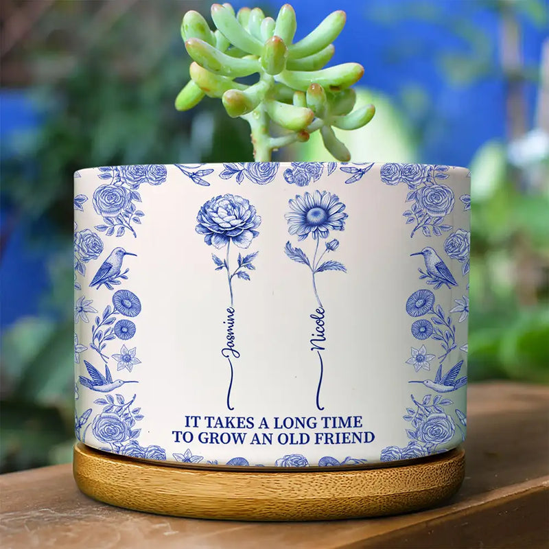 Birth Flower Grow An Old Friend Toile De Jouy Pattern - Personalized Plant Pot - Gift For Friends, Besties, Sisters