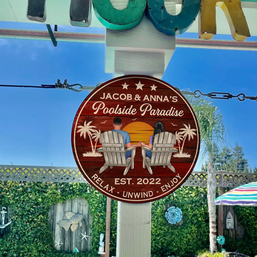 Poolside Paradise Beach Couple - Personalized Wood Sign - Gift For Couple, Summer Pool Deck, Beach House, Backyard Walls