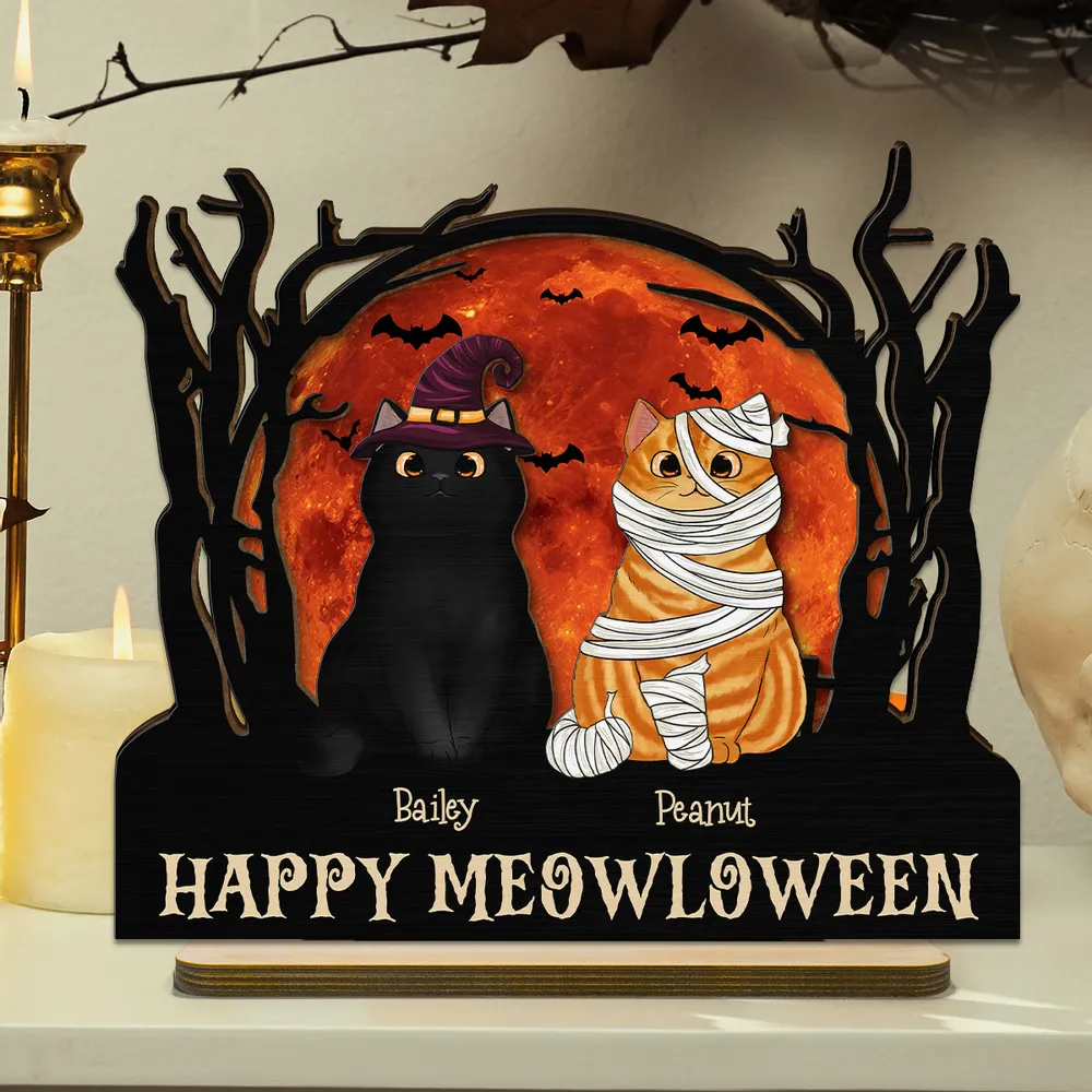 Happy Meowloween Halloween Night Cat - Pesonalized Wooden Plaque - Halloween Decor, Gift For Cat Lover