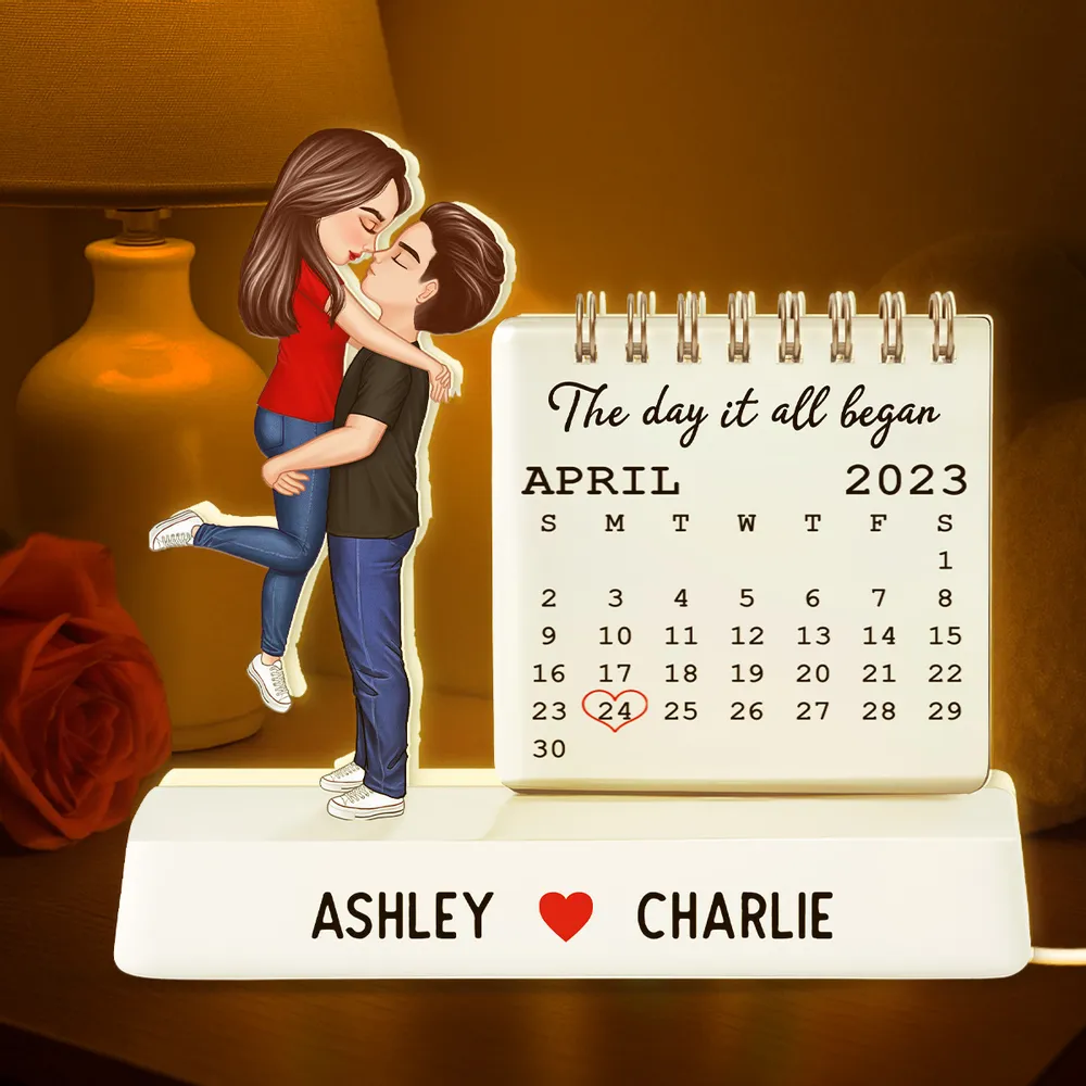 Couple Hugging Kissing The Day Our Story Began - Personalized Acrylic Light Box - Anniversary, Valentine's Day Gift For Couple