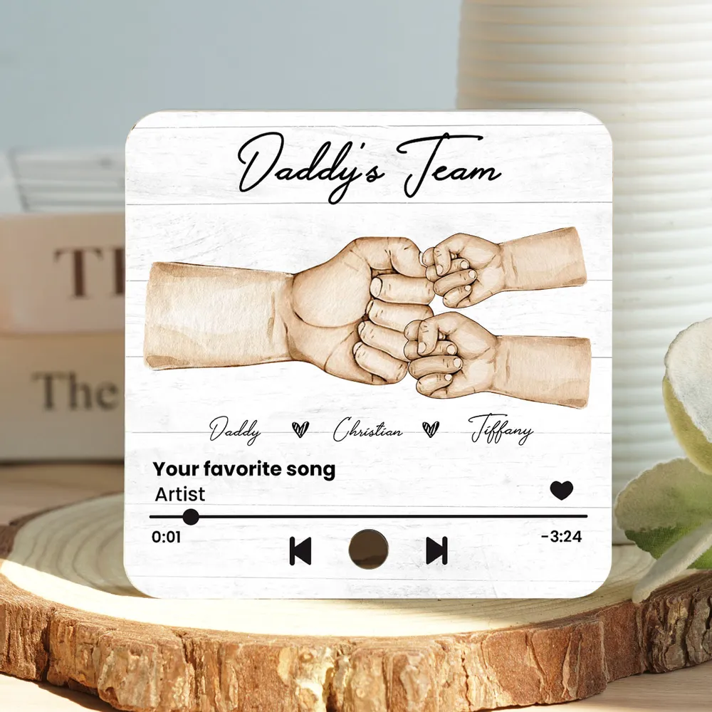 Daddy's Team Fist Bump - Personalized Music Fridge Magnet - Father's Day Gift For Dad