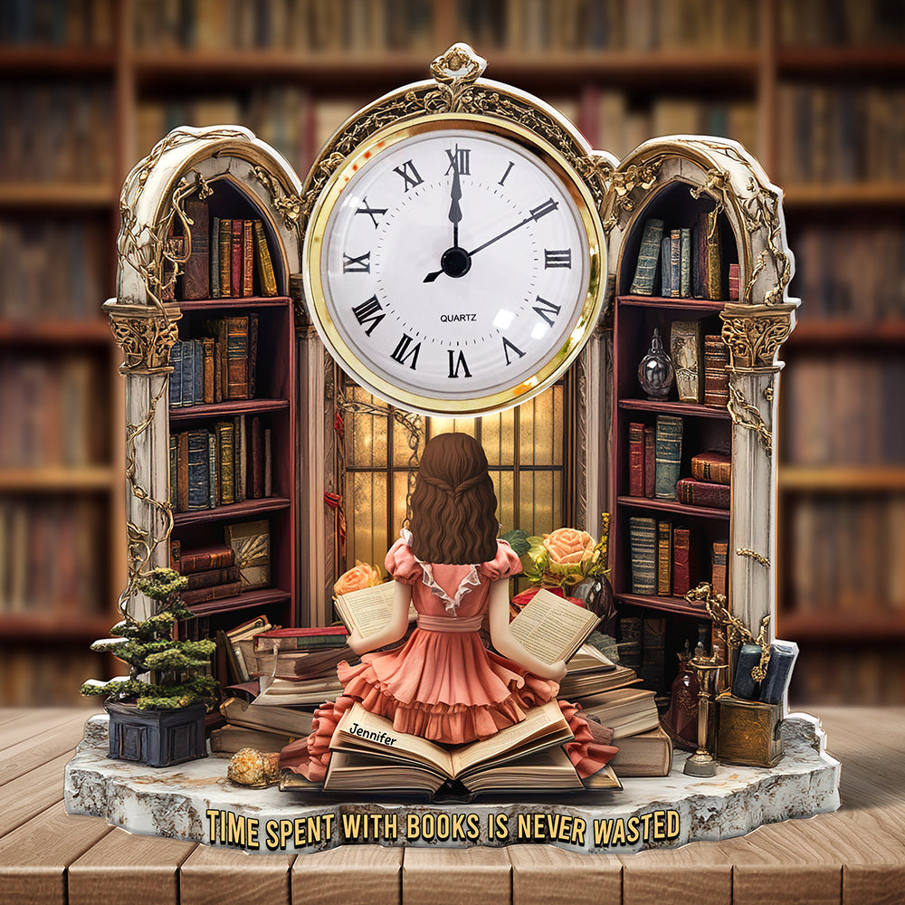 Girl Holding Books - Personalized Acrylic Desk Clock - Gifts for Book Lovers