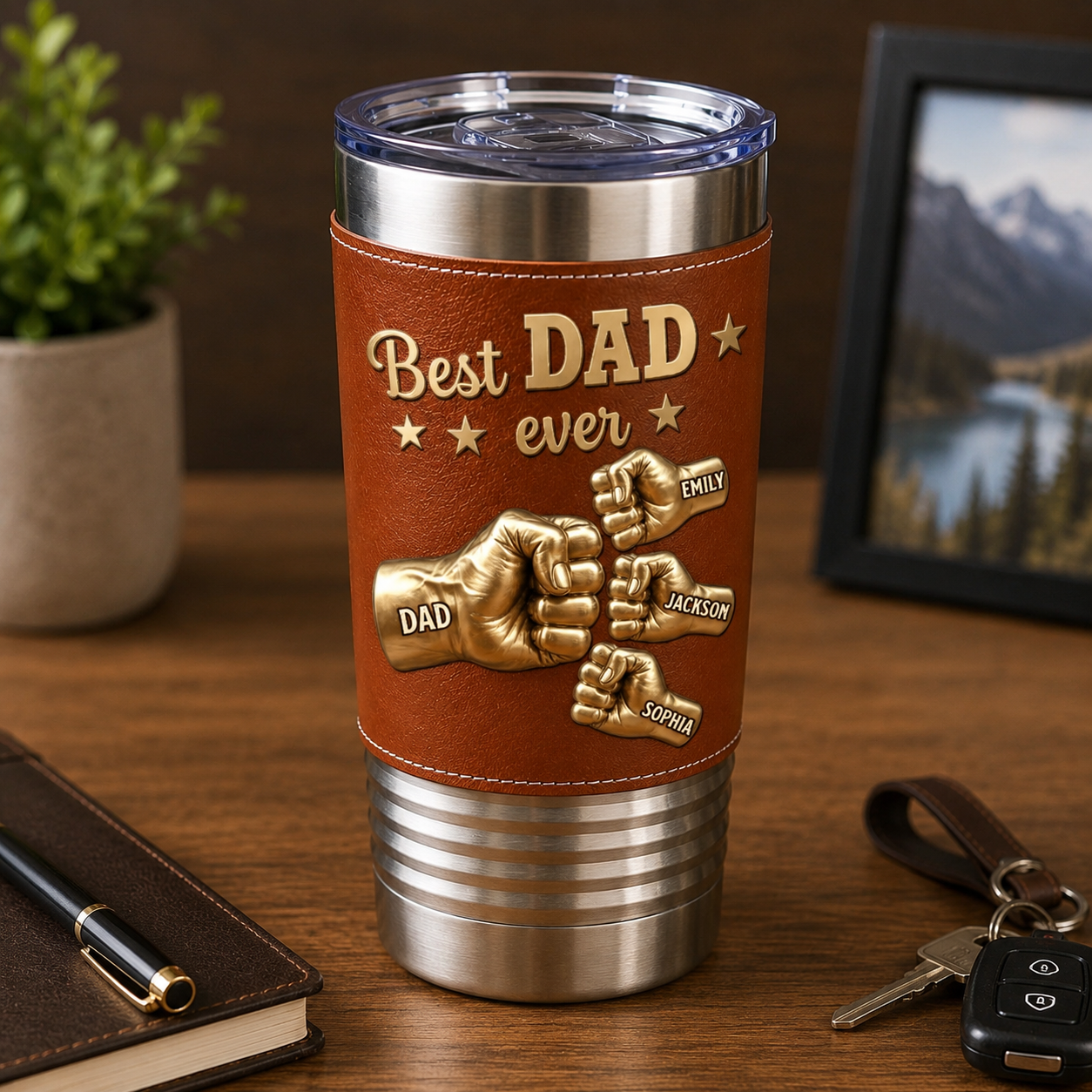 Best Dad Ever Fist Bump - Personalized Leather Tumbler - Gift For Dad, Gift For Grandpa, Father's Day Gift