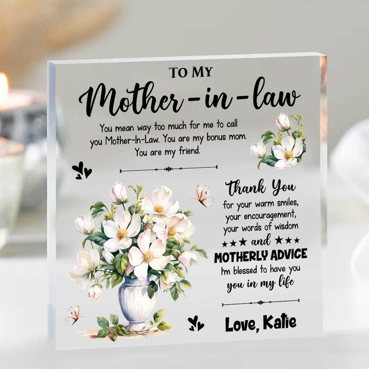 To My Mother-in-law Thank You For Your Warmest Smile - Personalized Acrylic Plaque - Gift For Mother-in-law, Mother's Day, Birthday Gift