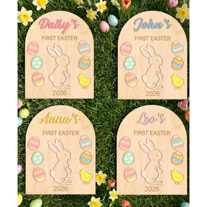 Baby's First Easter Wood Sign, Custom Name & Color Easter Decor, Arched Wooden Plaque with Stand, Kids Keepsake Gift, Easter's Day Baby