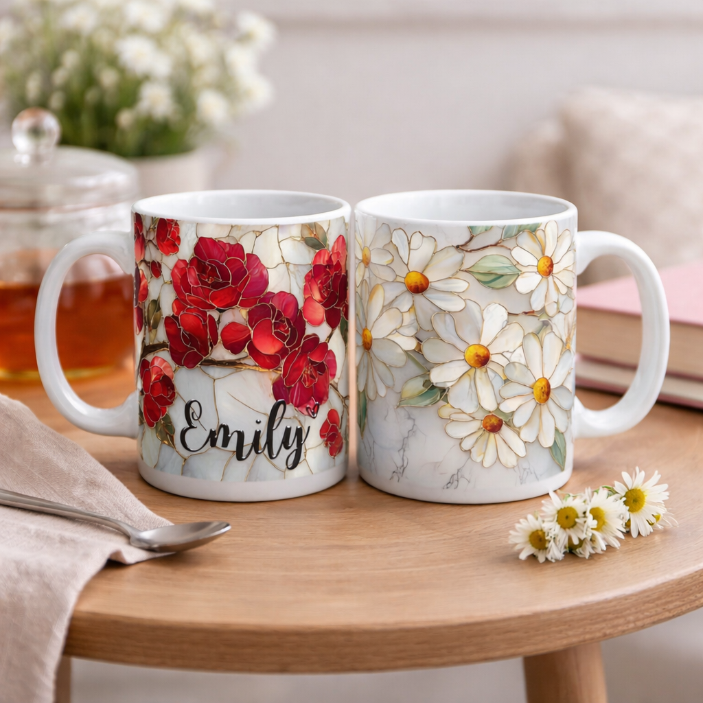 Personalized Birth Flower Coffee Mug, Custom Stained Glass Style Floral Coffee Mug,Birth Month Flower Cup,Aesthetic Ceramic Mug Gift for Mom