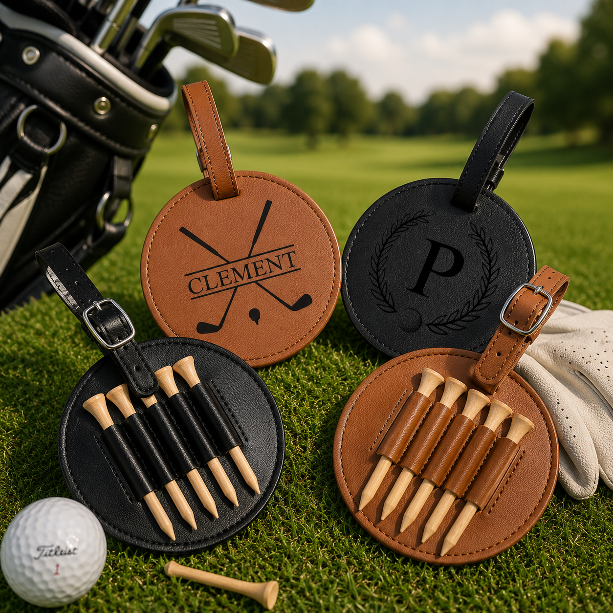 Engraved Leather Golf Bag Tag with Tees: Personalized Golf Gift