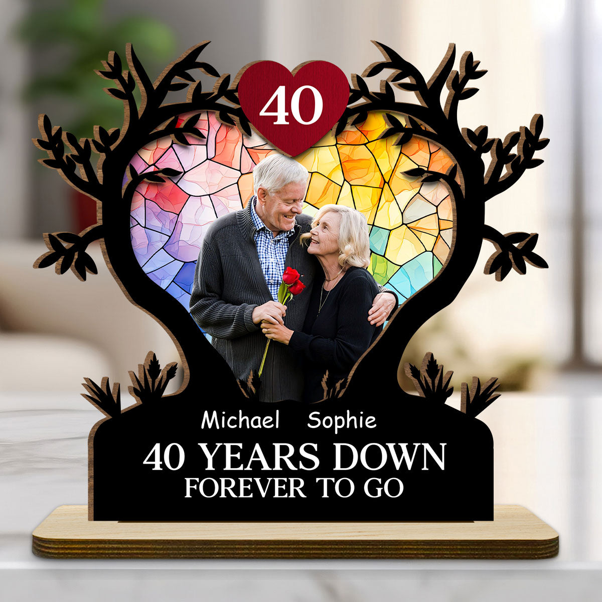 Years Down Forever To Go - Personalized Wooden Plaque With Flat Base - Anniversary Gift, Valentine's Day Gift For Couple