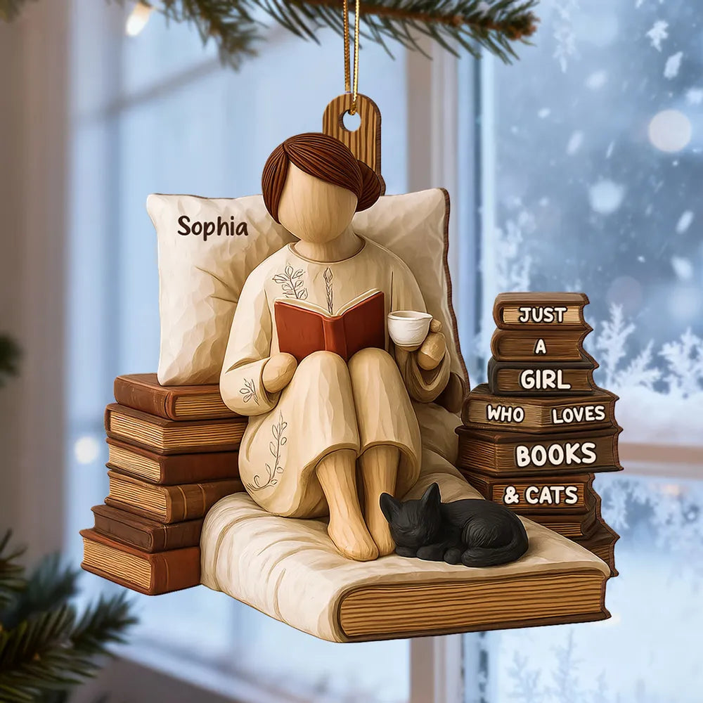 Just A Girl Who Loves Books & Black Cat 3D Effect - Personalized Wooden Ornament - Christmas Gift For Book Lover, Bookworm