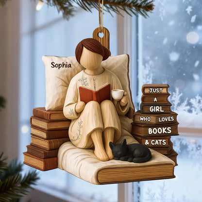 Just A Girl Who Loves Books & Black Cat 3D Effect - Personalized Wooden Ornament - Christmas Gift For Book Lover, Bookworm
