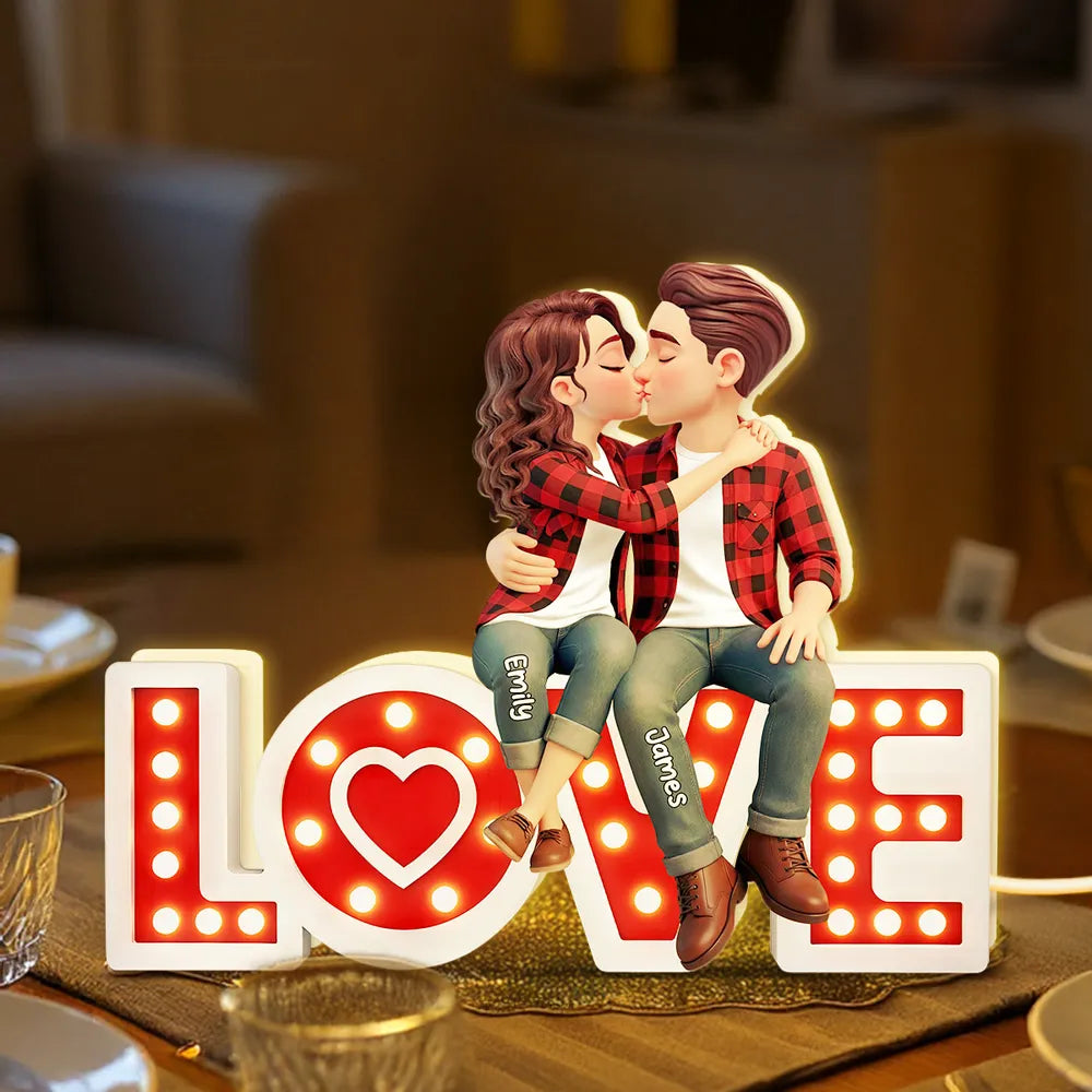 Red Marquee Love Pattern Kissing Couple - Personalized Acrylic Light Box - Anniversary Gift, Valentine's Day Gift For Couple